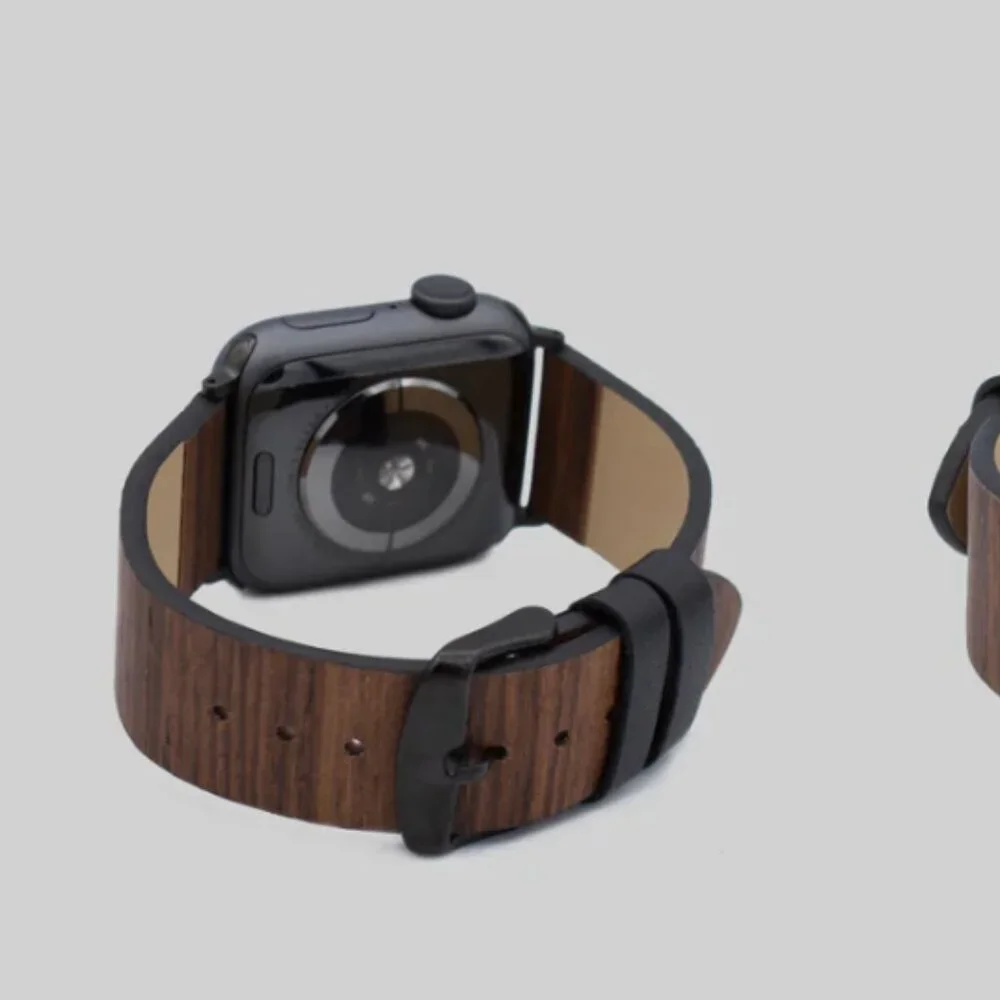 Bandly Real Wood Apple Watch Band Dark Teak & Leather NEW‎ SEALED 42/44mm